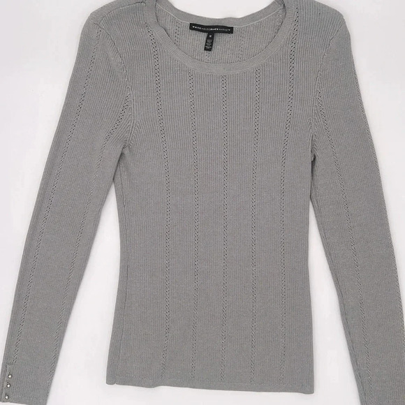 WHBM Gray Long Sleeve Pointelle Knit, Sweater w/ Shoulder Pads Women’s Size M - Picture 10 of 13